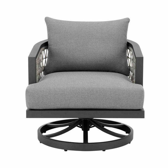 Zella Outdoor Patio Swivel Armchair in Aluminum with Light Gray Rope and Earl Gray Cushions
