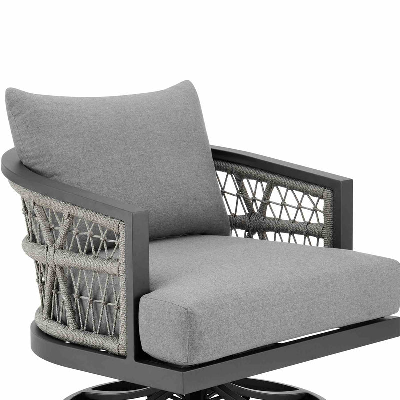 Zella Outdoor Patio Swivel Armchair in Aluminum with Light Gray Rope and Earl Gray Cushions - Furniture City (CA)l