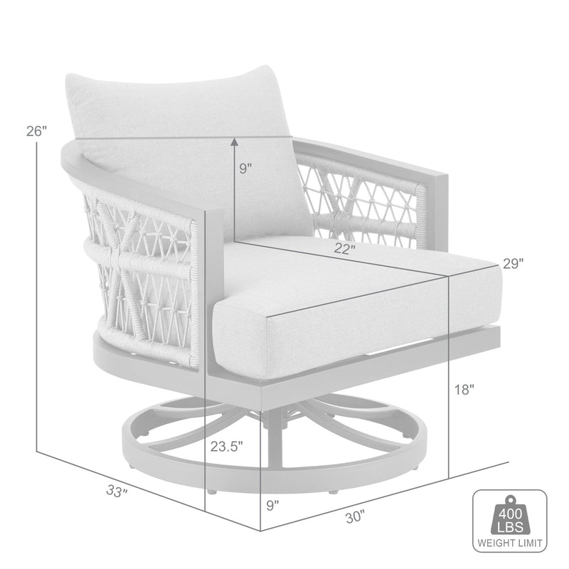 Zella Outdoor Patio Swivel Armchair in Aluminum with Light Gray Rope and Earl Gray Cushions - Furniture City (CA)l