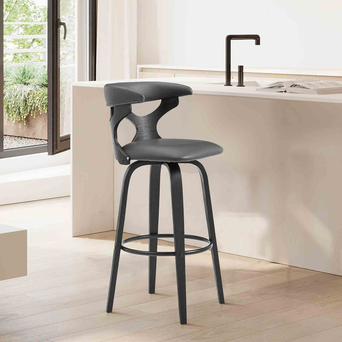 Zenia 26" Swivel Counter Stool in Gray Faux Leather and Black Wood