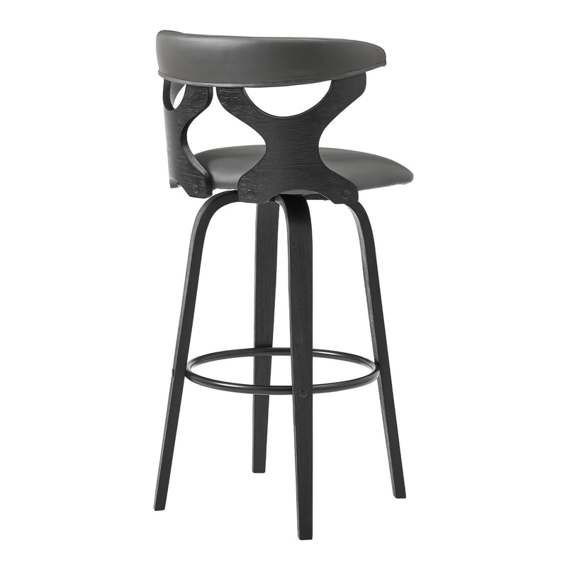 Zenia 30" Swivel Bar Stool in Gray Faux Leather and Black Wood - Furniture City (CA)l