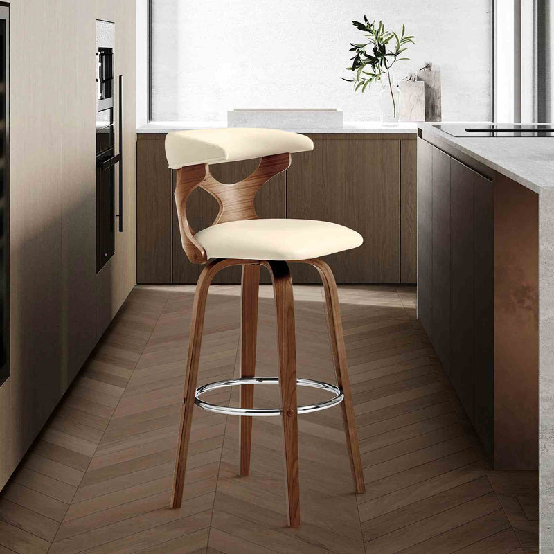 Zenia 26" Swivel Counter Stool in Cream Faux Leather and Walnut Wood - Furniture City (CA)l