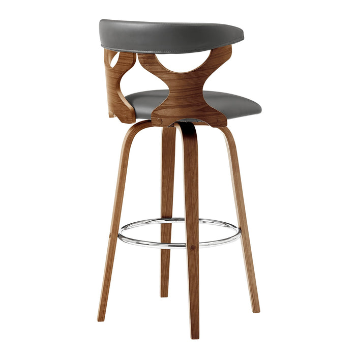 Zenia 30" Swivel Bar Stool in Gray Faux Leather and Walnut Wood