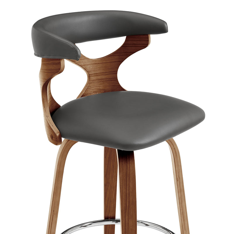 Zenia 30" Swivel Bar Stool in Gray Faux Leather and Walnut Wood - Furniture City (CA)l
