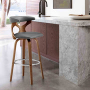 Zenia 30" Swivel Bar Stool in Gray Faux Leather and Walnut Wood - Furniture City (CA)l