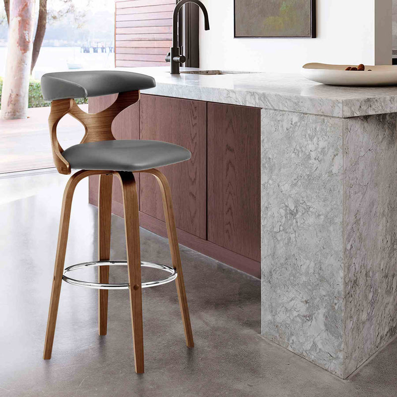 Zenia 30" Swivel Bar Stool in Gray Faux Leather and Walnut Wood - Furniture City (CA)l