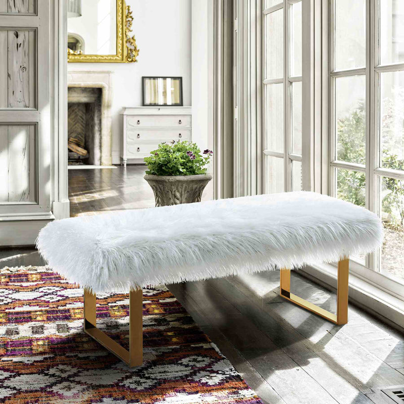 Zinna Contemporary Bench in White Fur and Gold Stainless Steel Finish - Furniture City (CA)l