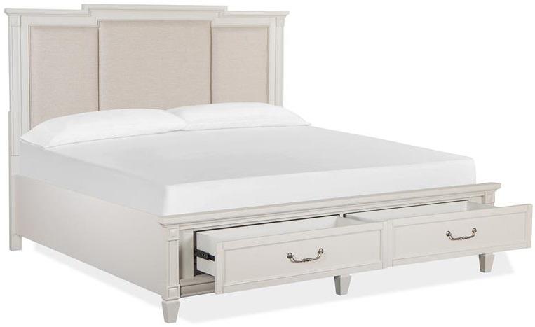 Magnussen Furniture Willowbrook King Storage Bed with Upholstered Headboard in Egg Shell White