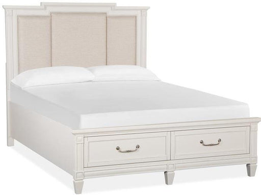 Magnussen Furniture Willowbrook Queen Storage Bed with Upholstered Headboard in Egg Shell White image
