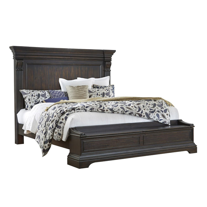 Pulaski Caldwell King Panel Bed with Blanket Chest Footboard in Dark Wood