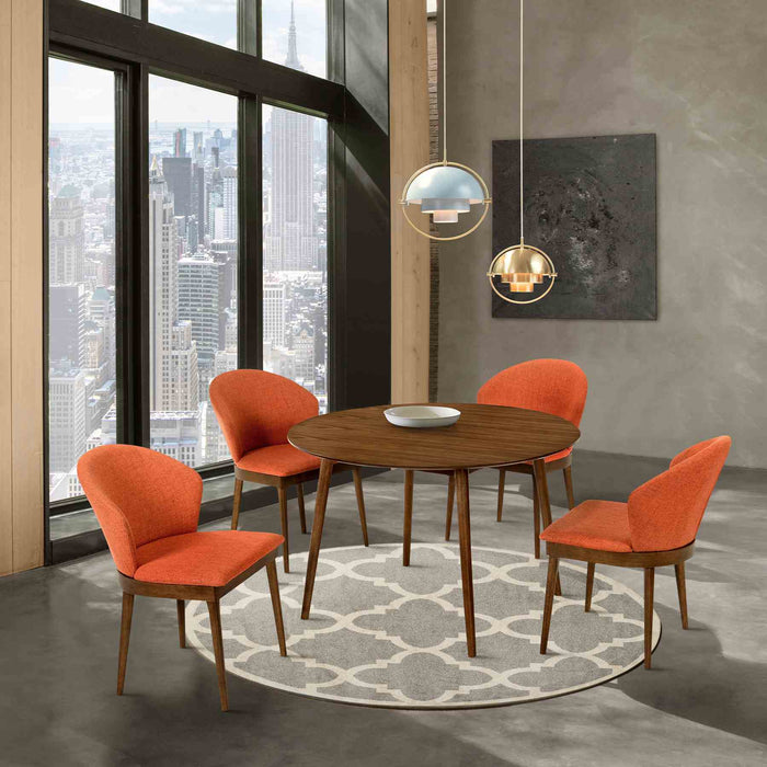 Arcadia and Juno 48" Round Orange and Walnut Wood 5 Piece Dining Set