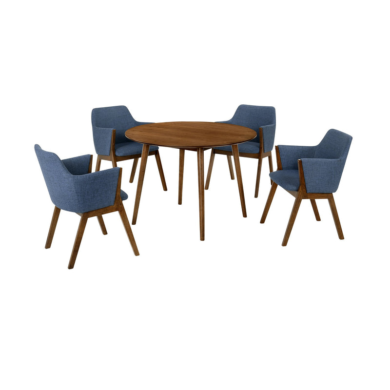 Arcadia and Renzo 42" Round Blue and Walnut Wood 5 Piece Dining Set - Furniture City (CA)l