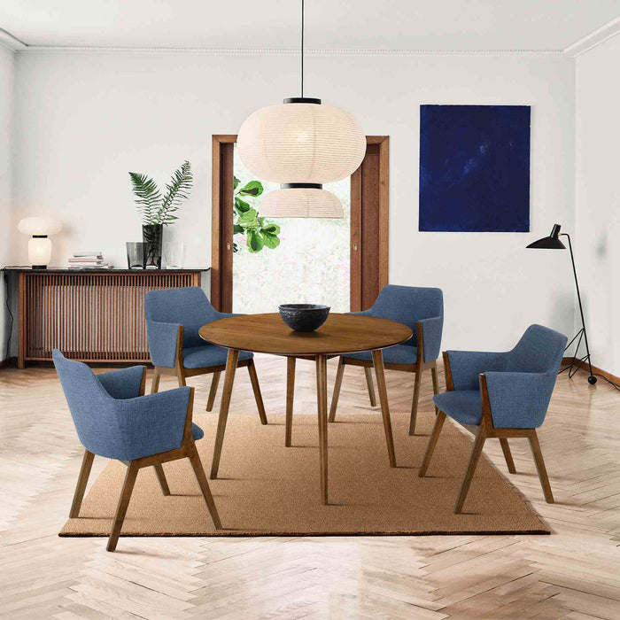 Arcadia and Renzo 42" Round Blue and Walnut Wood 5 Piece Dining Set