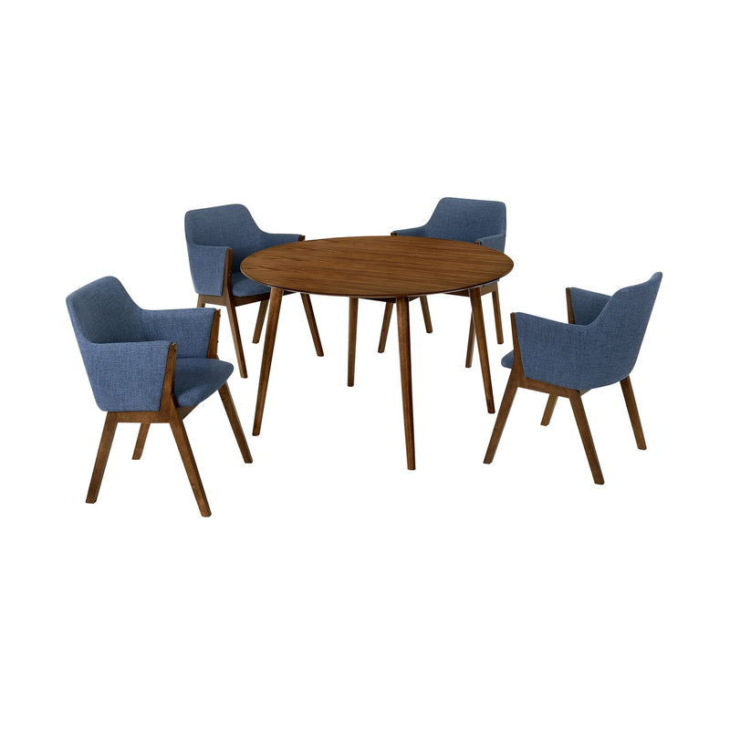Arcadia and Renzo 48" Round Blue and Walnut Wood 5 Piece Dining Set - Furniture City (CA)l