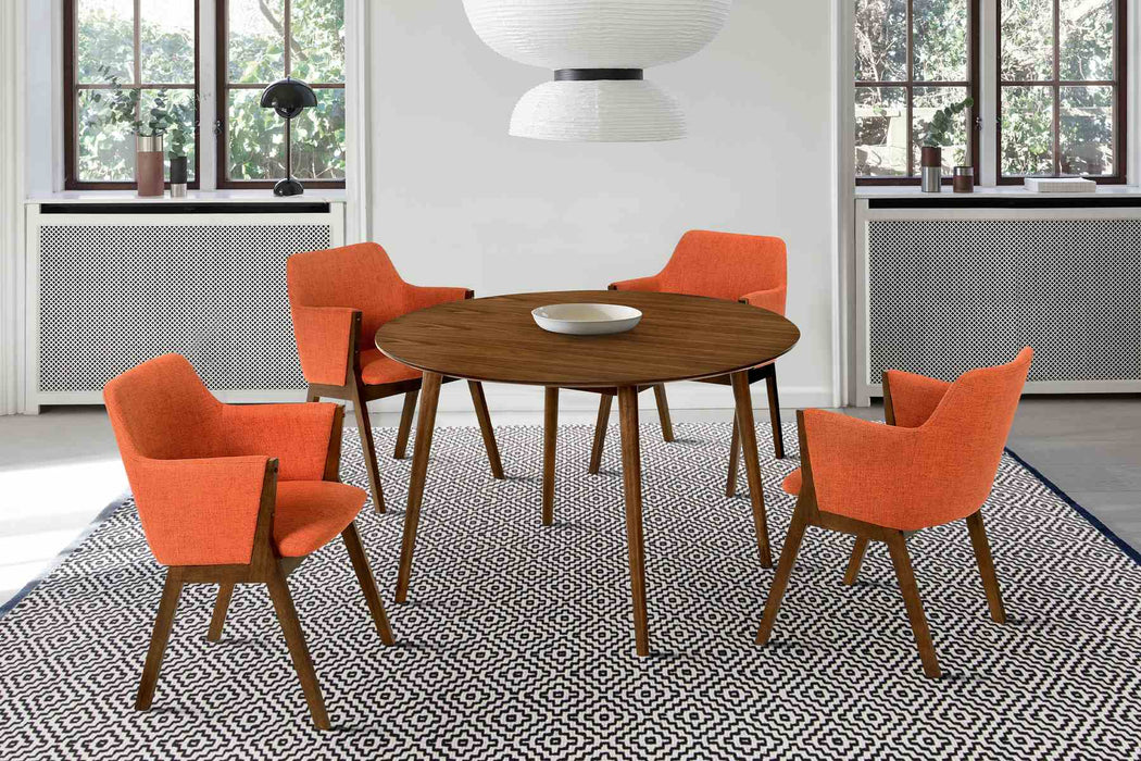 Arcadia and Renzo 48" Round Orange and Walnut Wood 5 Piece Dining Set