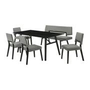 Channell 6 Piece Black Wood Dining Table Set with Bench in Charcoal Fabric - Furniture City (CA)l