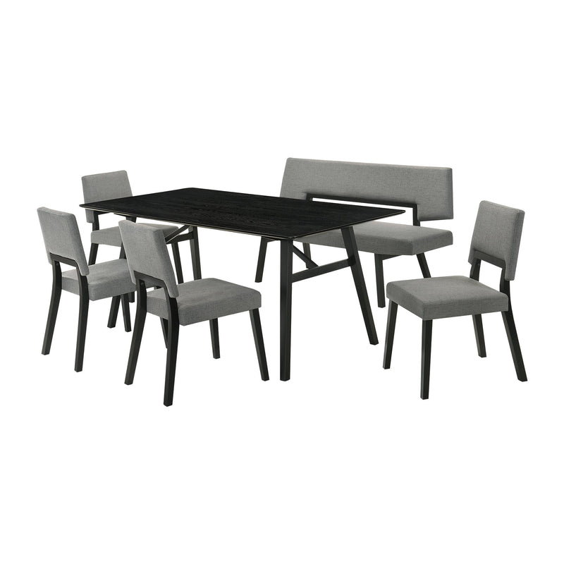 Channell 6 Piece Black Wood Dining Table Set with Bench in Charcoal Fabric - Furniture City (CA)l