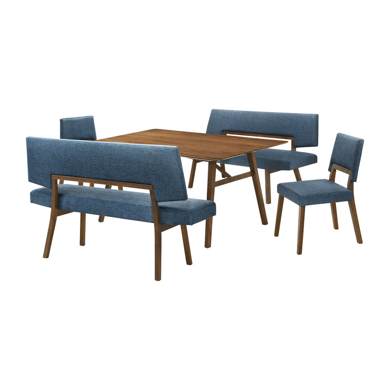 Channell 5 Piece Walnut Wood Dining Table Set with Benches in Blue Fabric - Furniture City (CA)l