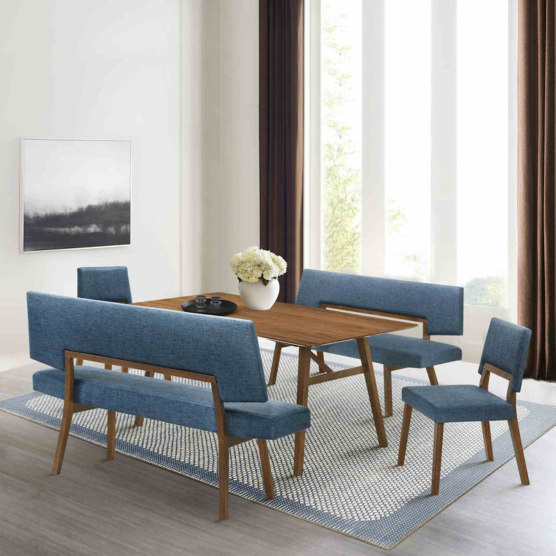 Channell 5 Piece Walnut Wood Dining Table Set with Benches in Blue Fabric - Furniture City (CA)l