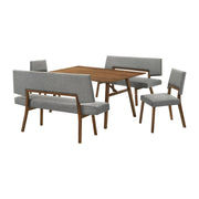 Channell 5 Piece Walnut Wood Dining Table Set with Benches in Charcoal Fabric - Furniture City (CA)l