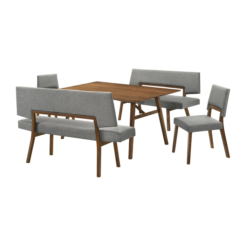 Channell 5 Piece Walnut Wood Dining Table Set with Benches in Charcoal Fabric - Furniture City (CA)l