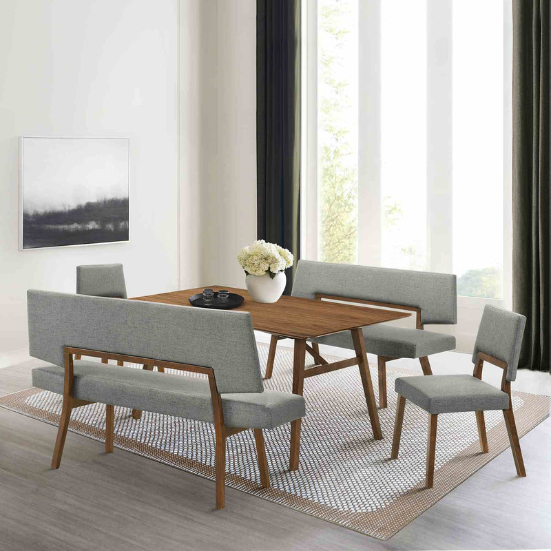 Channell 5 Piece Walnut Wood Dining Table Set with Benches in Charcoal Fabric - Furniture City (CA)l