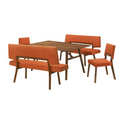 Channell 5 Piece Walnut Wood Dining Table Set with Benches in Orange Fabric - Furniture City (CA)l