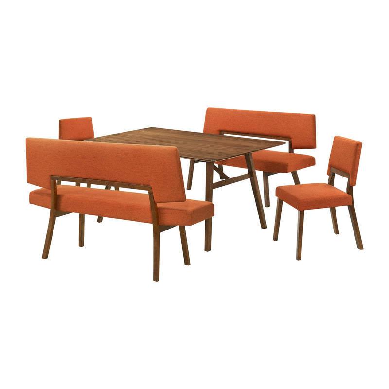 Channell 5 Piece Walnut Wood Dining Table Set with Benches in Orange Fabric - Furniture City (CA)l