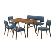 Channell 6 Piece Walnut Wood Dining Table Set with Bench in Blue Fabric - Furniture City (CA)l