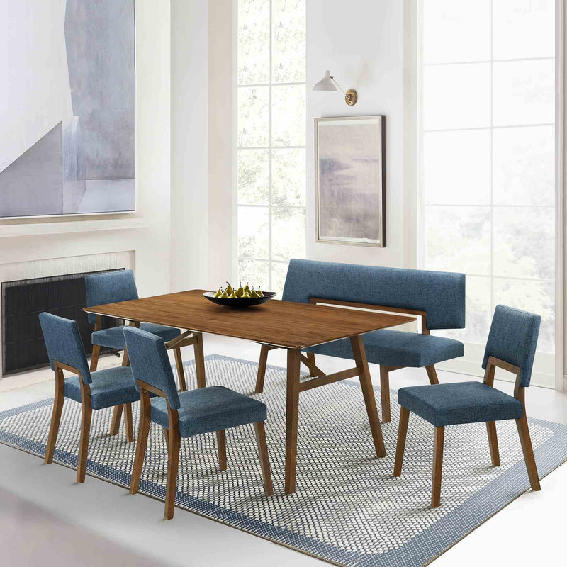 Channell 6 Piece Walnut Wood Dining Table Set with Bench in Blue Fabric - Furniture City (CA)l