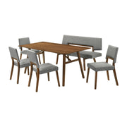 Channell 6 Piece Walnut Wood Dining Table Set with Bench in Charcoal Fabric - Furniture City (CA)l