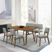Channell 6 Piece Walnut Wood Dining Table Set with Bench in Charcoal Fabric - Furniture City (CA)l
