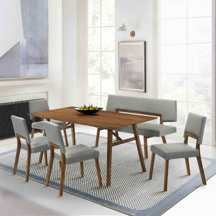 Channell 6 Piece Walnut Wood Dining Table Set with Bench in Charcoal Fabric