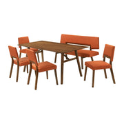 Channell 6 Piece Walnut Wood Dining Table Set with Bench in Orange Fabric - Furniture City (CA)l