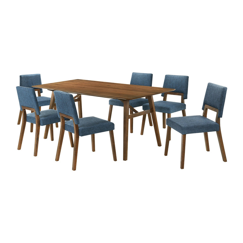 Channell 7 Piece Walnut Wood Dining Table Set with Blue Fabric - Furniture City (CA)l