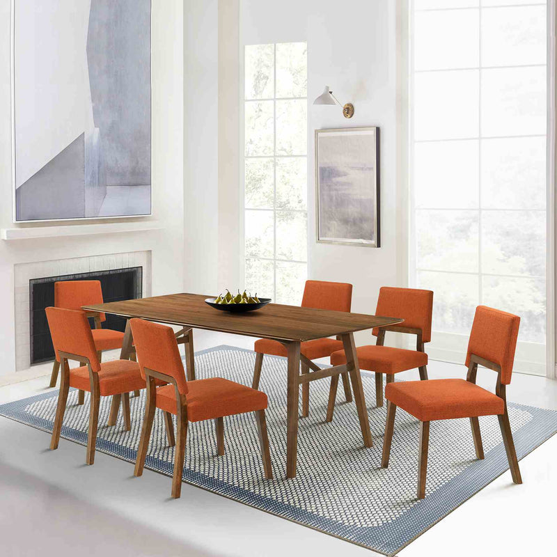 Channell 7 Piece Walnut Wood Dining Table Set with Orange Fabric - Furniture City (CA)l