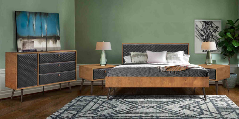 Coco Rustic 4 piece Upholstered Platform Bedroom Set in King with Dresser and 2 Nightstands - Furniture City (CA)l