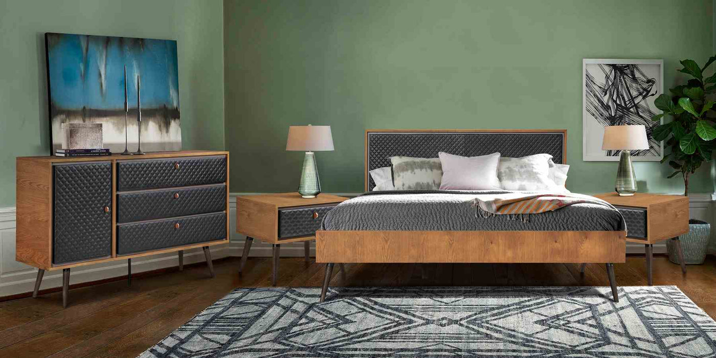 Coco Rustic 4 piece Upholstered Platform Bedroom Set in King with Dresser and 2 Nightstands