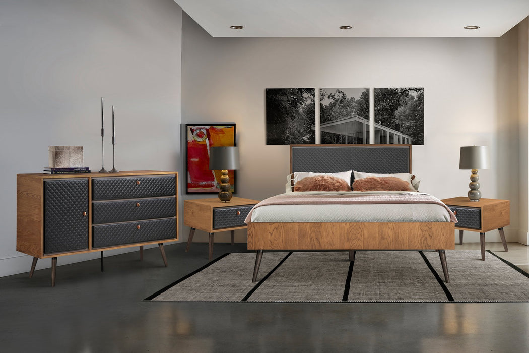 Coco Rustic 4 piece Upholstered Platform Bedroom Set in Queen with Dresser and 2 Nightstands