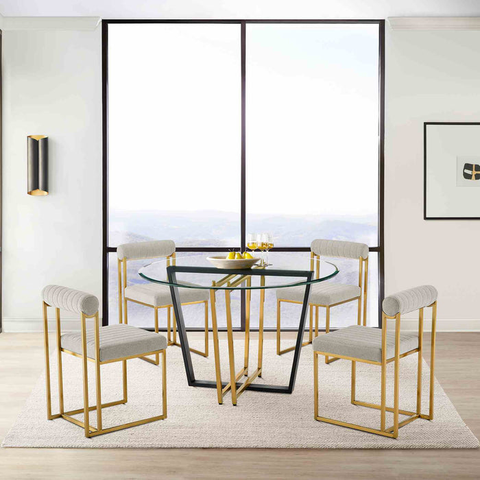 Devi Anastasia 5 Piece Round Glass Dining Table Set with Gold Brushed Stainless Steel and Taupe Fabric