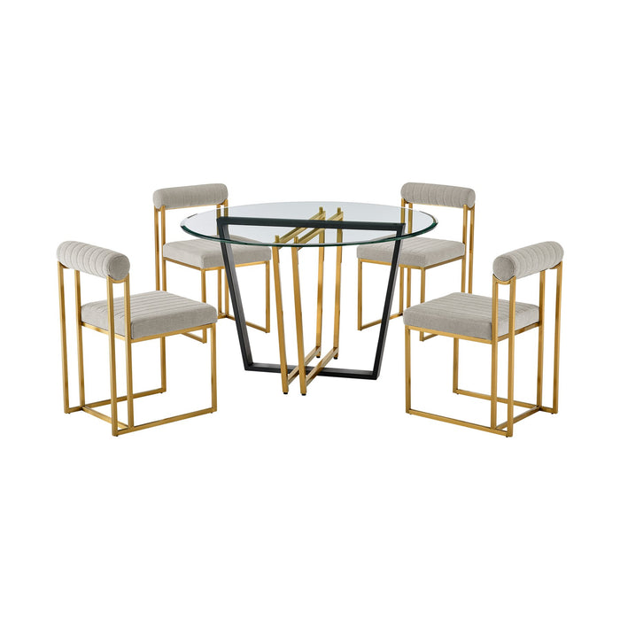 Devi Anastasia 5 Piece Round Glass Dining Table Set with Gold Brushed Stainless Steel and Taupe Fabric
