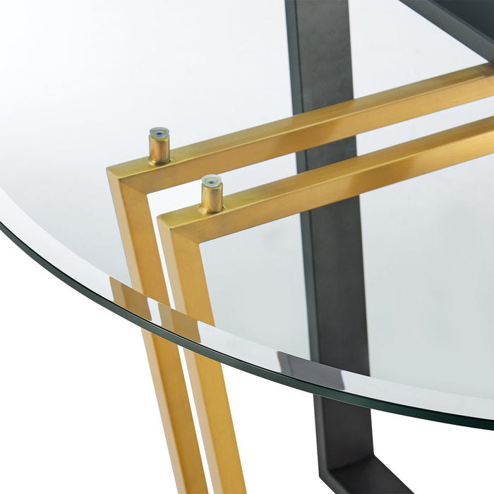 Devi Anastasia 5 Piece Round Glass Dining Table Set with Gold Brushed Stainless Steel and Taupe Fabric