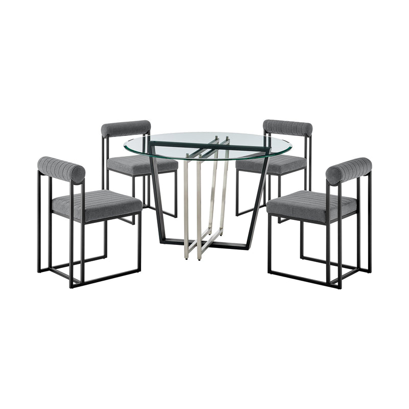 Devi Anastasia 5 Piece Round Glass Dining Table Set with Matte Black Iron and Anchor Gray Fabric - Furniture City (CA)l