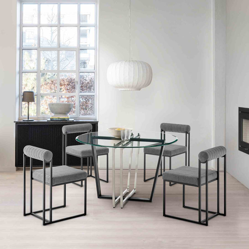 Devi Anastasia 5 Piece Round Glass Dining Table Set with Matte Black Iron and Anchor Gray Fabric - Furniture City (CA)l