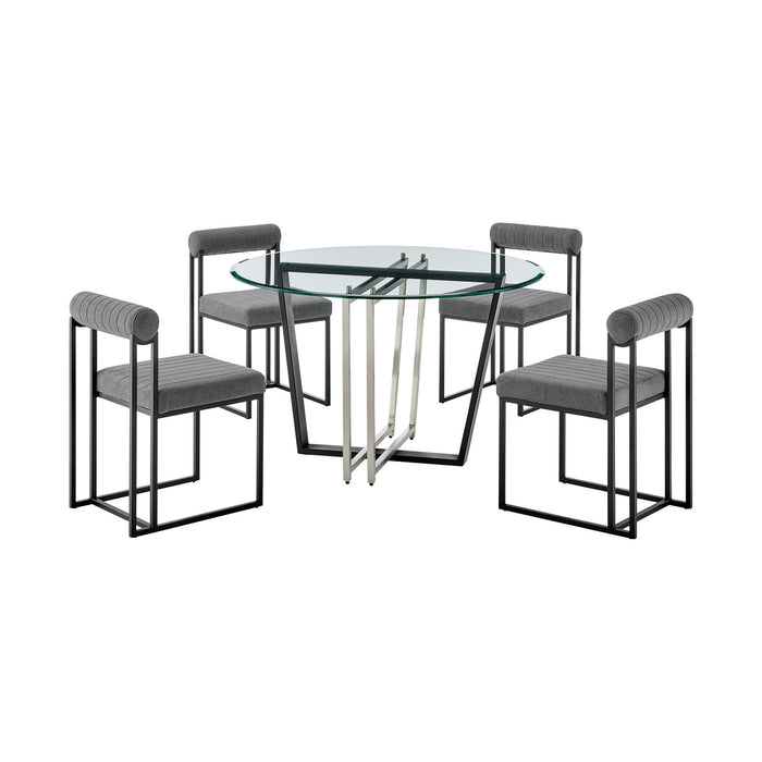 Devi Anastasia 5 Piece Round Glass Dining Table Set with Matte Black Iron and Anchor Gray Fabric