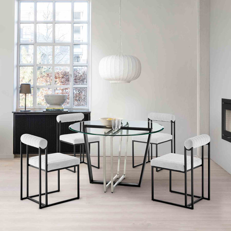 Devi Anastasia 5 Piece Round Glass Dining Table Set with Matte Black Iron and Light Gray Fabric - Furniture City (CA)l