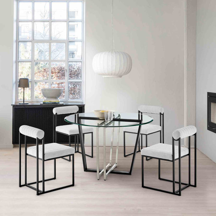 Devi Anastasia 5 Piece Round Glass Dining Table Set with Matte Black Iron and Light Gray Fabric