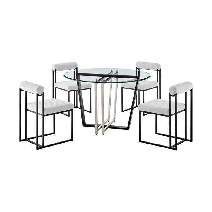 Devi Anastasia 5 Piece Round Glass Dining Table Set with Matte Black Iron and Light Gray Fabric