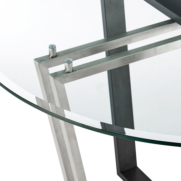 Devi Anastasia 5 Piece Round Glass Dining Table Set with Matte Black Iron and Light Gray Fabric