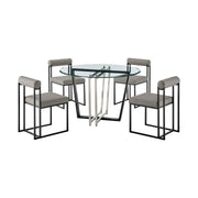 Devi Anastasia 5 Piece Round Glass Dining Table Set with Matte Black Iron and Light Gray Faux Leather - Furniture City (CA)l